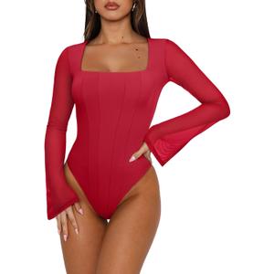REORIA Women's Sexy Long Sleeve Square Neck Bodysuit Mesh Double Lined Going Out Tops 2025 (Large, Watermelon)