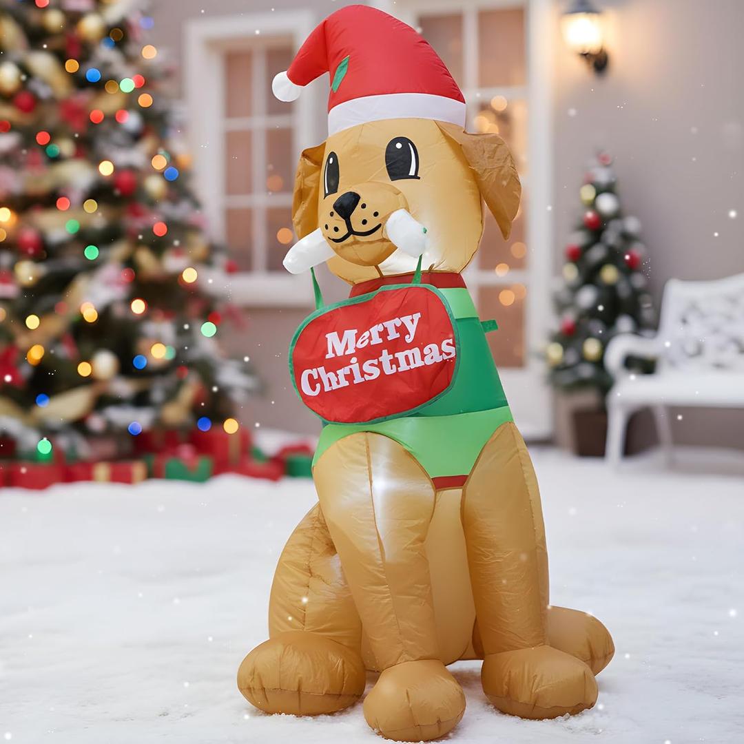 4FT Christmas Inflatable Blow up Christmas Dog is Holding a Sign That Reads Merry Christmas Decoration with LED Light Indoor Outdoor Yard Graden Yard Party Holiday Decor