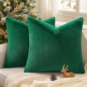 Pallene Faux Fur Plush Christmas Throw Pillow Covers 20x20 Set of 2, Soft Fluffy Couch Pillow Covers for Living Room, Christmas Green