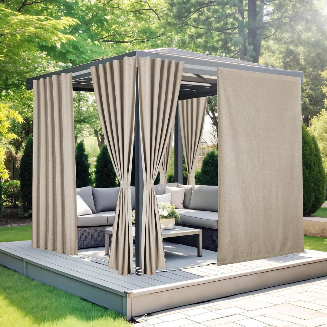 NICETOWN 100% Blackout Linen Outdoor Curtains for Patio, Waterproof & Windproof Gazebo Curtains Sticky-Back Top & Back Tab Bottom, Sun Shades with 2 Straps & Rope, W52 xL96, Natural, 2 Panels