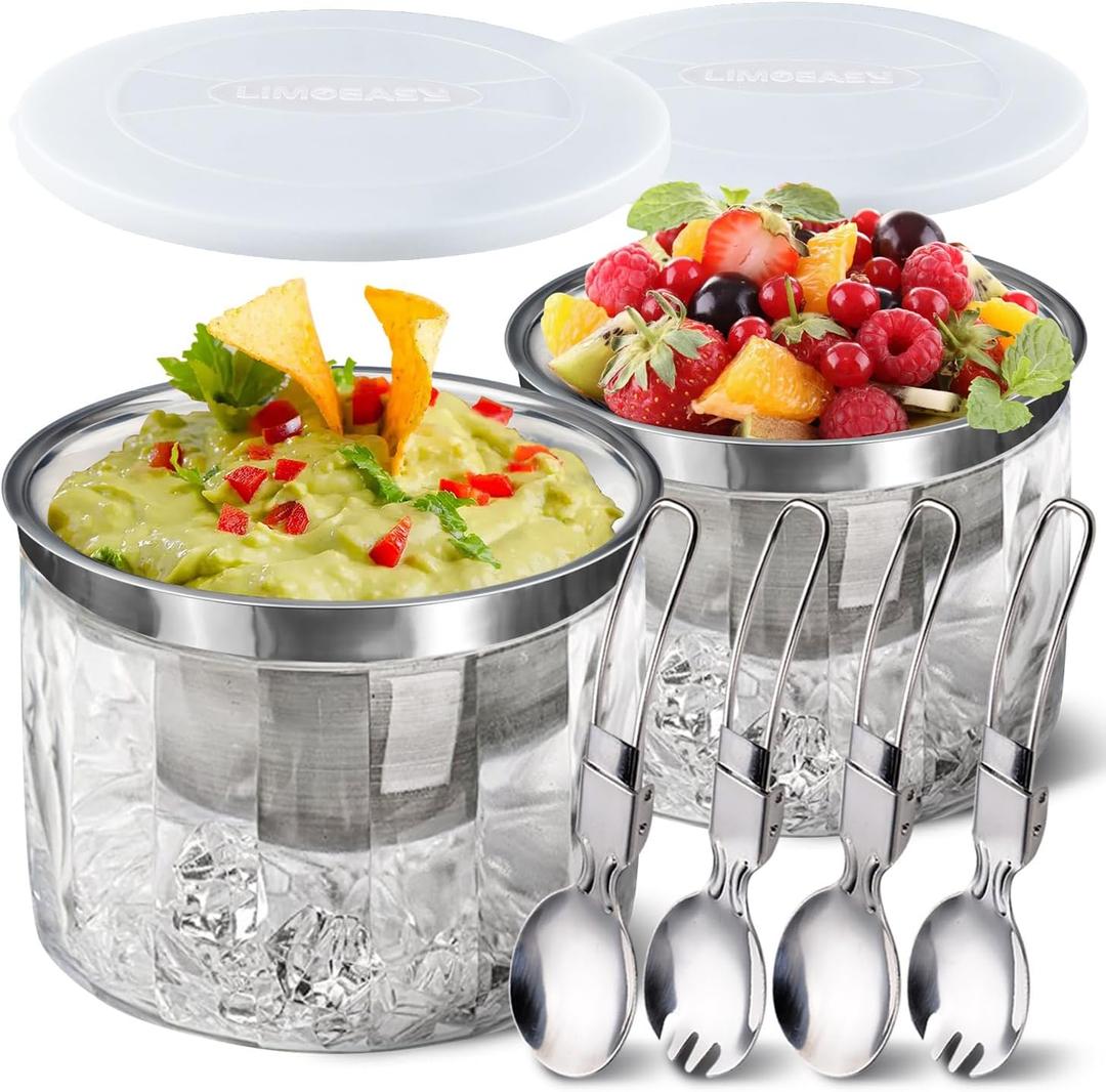 LIMOEASY Chilled Dip Bowl (2 Pack), 25oz Ice Serving Bowl with Lid for Parties, Cold Serving Dish for Hummus, Salsa, Guacamole, Sauces, Pasta LIMOEASY Chilled Dip Bowl (2 Pack), 25oz Ice Serving Bowl with Lid for Parties, Cold Serving Dish for Hummus, Salsa, Guacamole, Sauces, Pasta