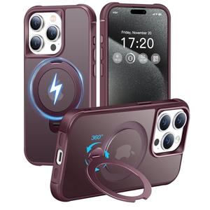 HuwaiH 360° Rotatable Magnetic Ring Stand for iPhone 15 pro max Case, Compatible with MagSafe, Military-Grade Shockproof, Anti-Scratch Matte Translucent Phone Case for iPhone 15 pro max(Burgundy)