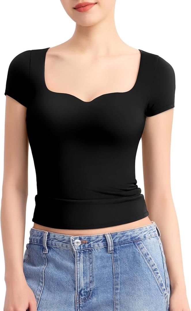 PUMIEY Women's Tops Sweetheart Neck Short Sleeve Going Out Top Cute T Shirts Slim Fitted Sexy Tee Smoke Cloud Pro Collection (Large)