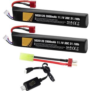 11.1V airsoft batteries 30C 2800mAh lipo battery airsoft T Plug with USB Charger T Plug to Mini Tamiya Cable Rechargeable Batteries for Airsoft gun Model splatrball gel blaster accessories-2pcs