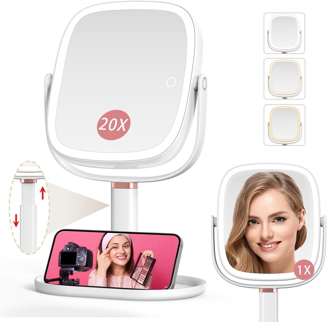 Mocado Makeup Mirror with Lights, 1X/20X Magnifying Mirror with Light, Vanity Mirror with 3 Colors Lights, Height Adjustable Lighted Makeup Mirror, Double Sided 360Rotation, Memory Function (White)