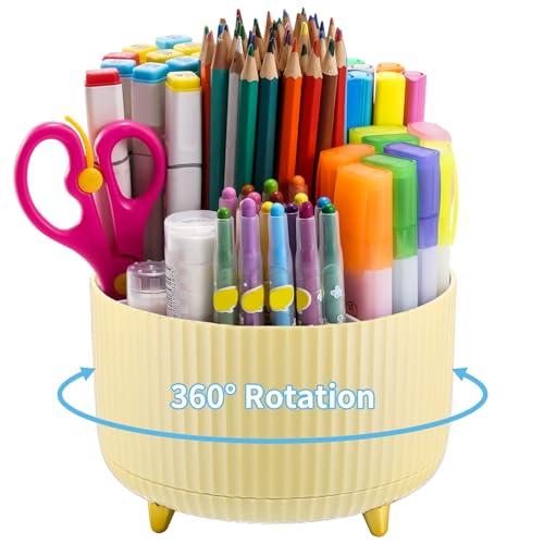 Marbrasse Desk Organizer, 360-Degree Rotating Pen Holder, Desk Organizers and Accessories with 5 Compartments Pencil Holder, Art Supply Storage Box Caddy for Office, Home (Yellow)