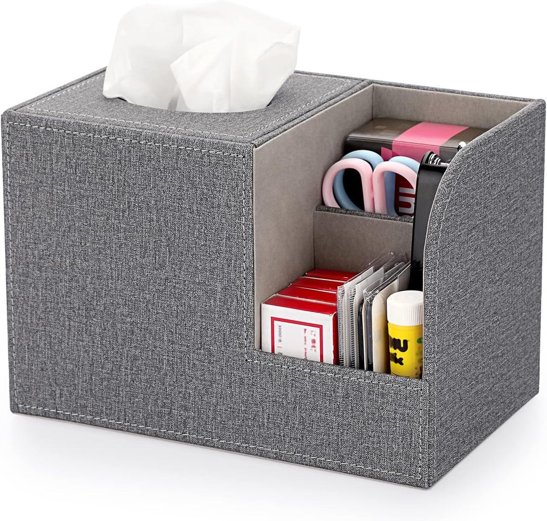 Sumnacon Square Linen Tissue Box Cover  Decorative Cube Tissue Cover with Side and Top Organizer, Modern Tissue Holder for Living Room Vanity Night Stand Table Countertop Office, Grey