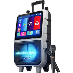 15.6" Full HD Touch Screen Karaoke Machine for Adults | Karaoke System, Lyrics Display, WiFi YouTube Video Playback, 2 Wireless Mics, Portable Bluetooth Speaker for Outdoor Party