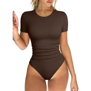 OQQ Women's Crew Neck Short Sleeve Bodysuit Ruched Stretch Vacation Basic for Tops Spring & Summer (Medium, Darkbrown)