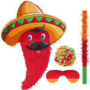Lewtemi Mexican Piata Small Red Chili for Birthday Party Cinco De Mayo Pepper Fiesta Decorations with Piata Stick Blindfold Confetti Set