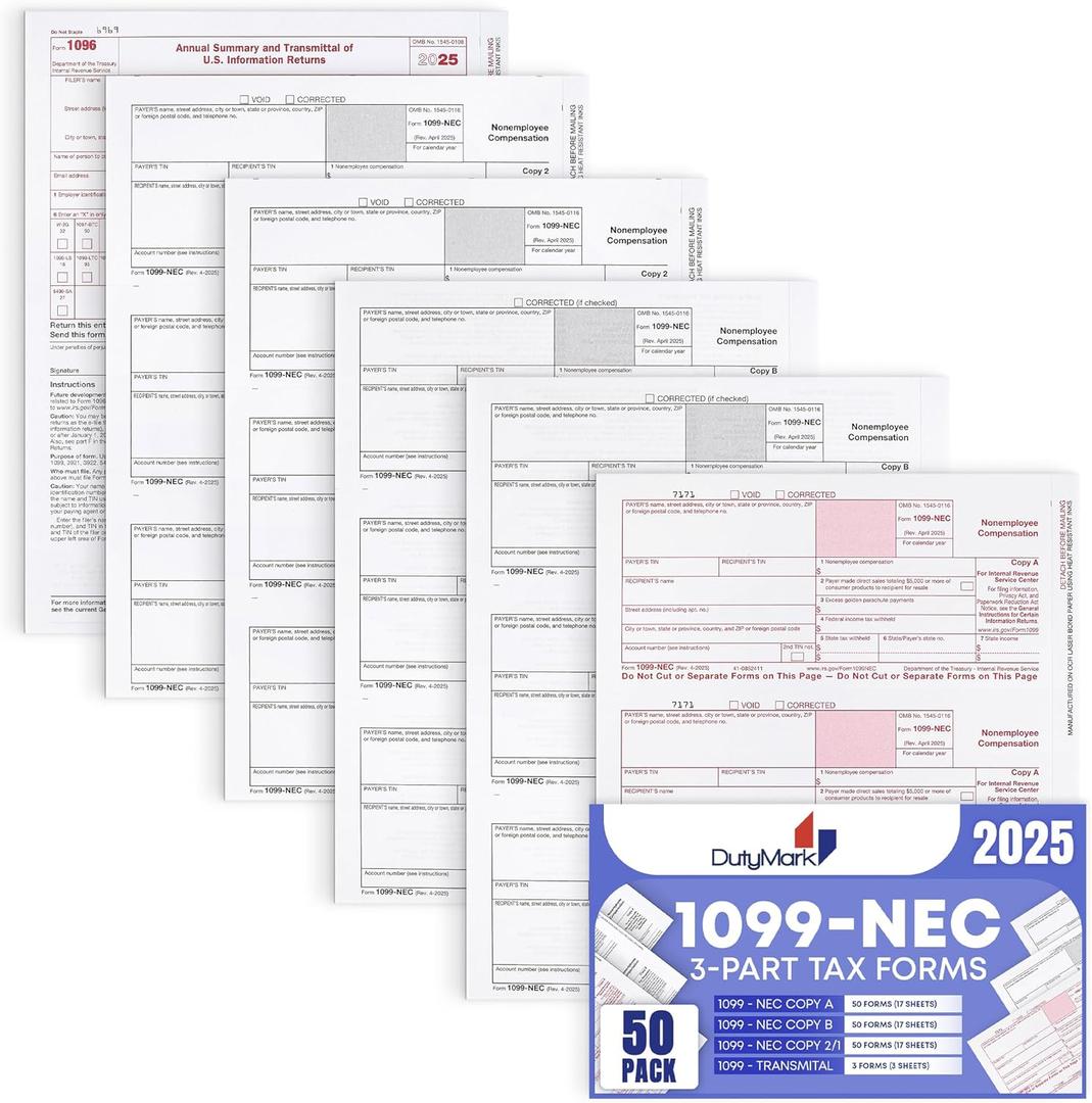 1099 NEC Forms 2025, 50 Pack 3 Part Laser Tax Forms Kit Pack of Federal/State Copy's, 1096's. Great for QuickBooks and Accounting Software, 2025, 1099-NEC 50 Pack