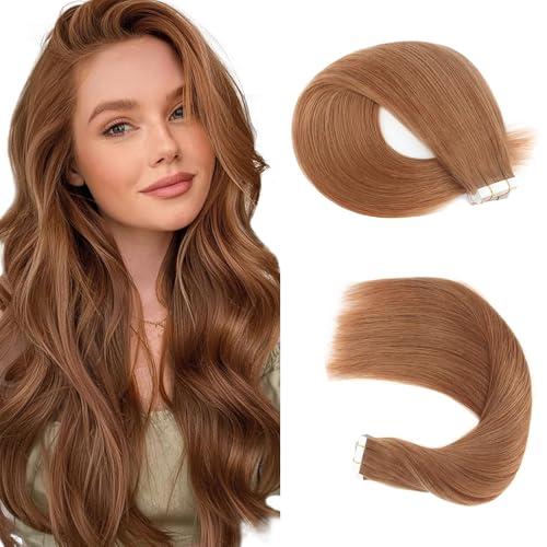 #30 Light Brown Tape in Extensions Human Hair 14 Inch Brown Straight Tape in Seamless Extensions Real Human Hair Skin Weft Seamless Invisible Unprocessed Virgin Remy Hair For Women 45g