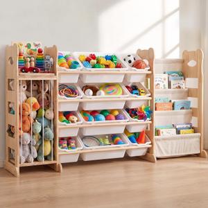 Toy Storage Organizer with Bookshelf and Stuffed Animal Storage 60.7'' L | Toy Storage Organizer with 12 Bins, Playroom Thickened and Widened Book Toy Organizer for Bedroom Decor