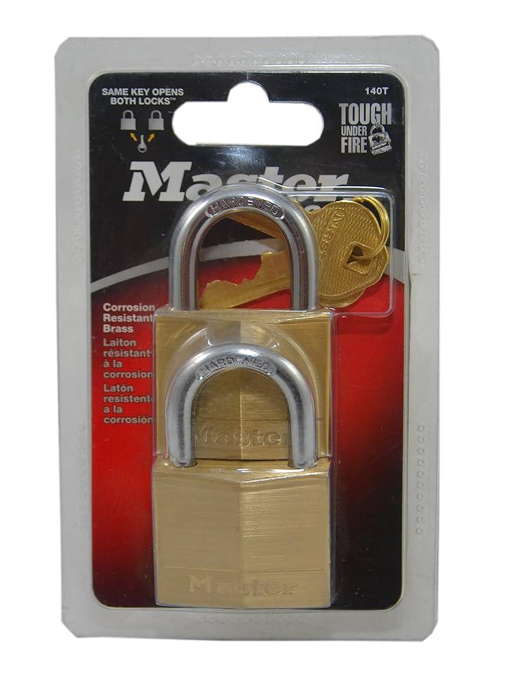Master Lock 140T Solid Brass Padlocks.
Product Name: Master Lock 140T Solid Brass Padlock (2-pack) 
Key Features: The padlocks have a 1-9/16 inch (40mm) wide solid brass body that is strong and resists corrosion. The shackle is made of hardened steel