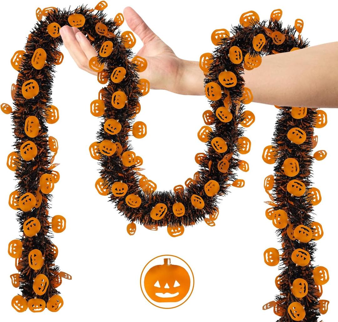 2-Piece 66 Ft Halloween Tinsel Garland with Orange Pumpkin, Twist Shiny Metallic Hanging Garland for Home Party Tree Indoor Outdoor Decor