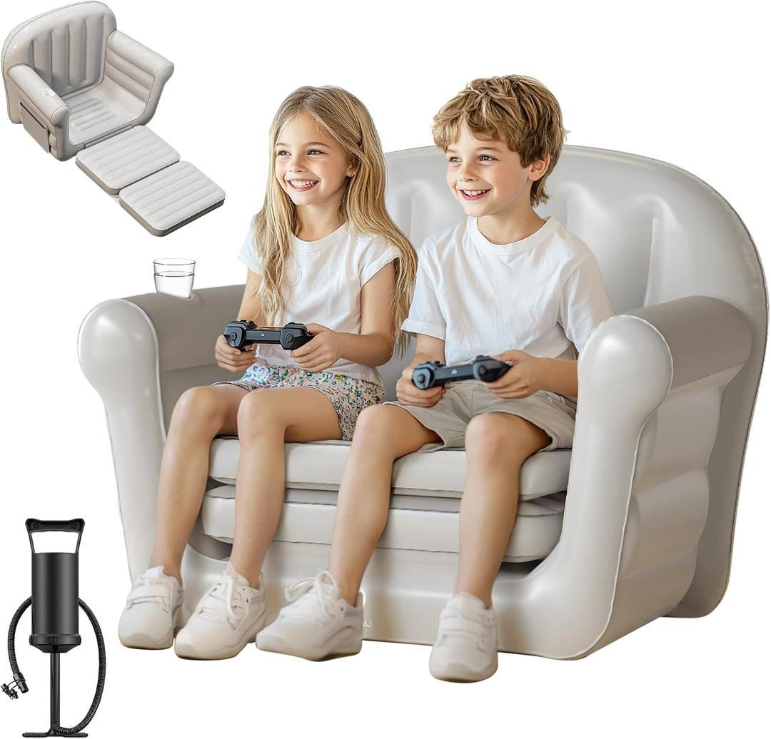 QPAU Inflatable Couch, Extra Wide 2-in-1 Toddler Couch Fold Out with Plush, Convertible Kids Couchs to Lounger for Baby Boys Girls, Portable Sleeper Sofa for Home Camping Travel (Grey)