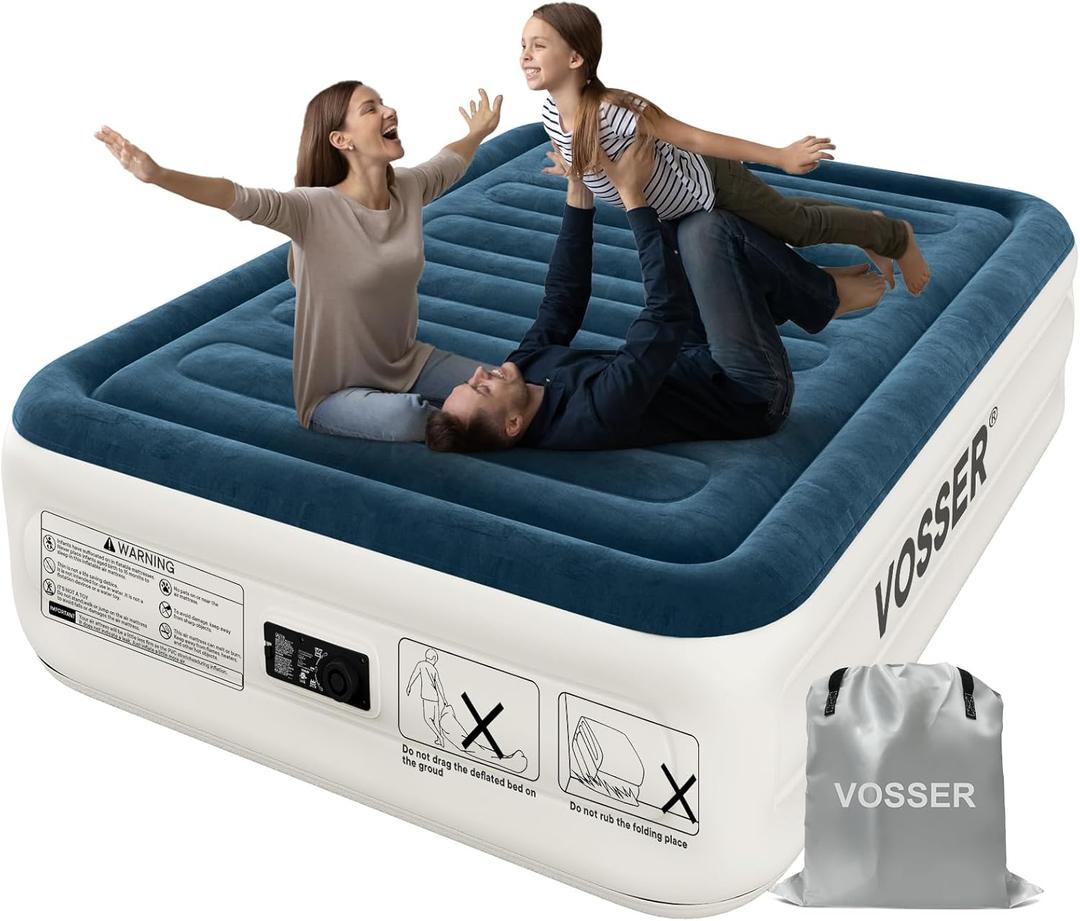 VOSSER Queen Air Mattress with Built-in Pump,18''Fast & Easy Inflation/Deflation Inflatable Mattress, Foldable Blow Up Mattress with Storage Bag, Inflatable Bed for Home, Camping & Guests (Navy Blue)