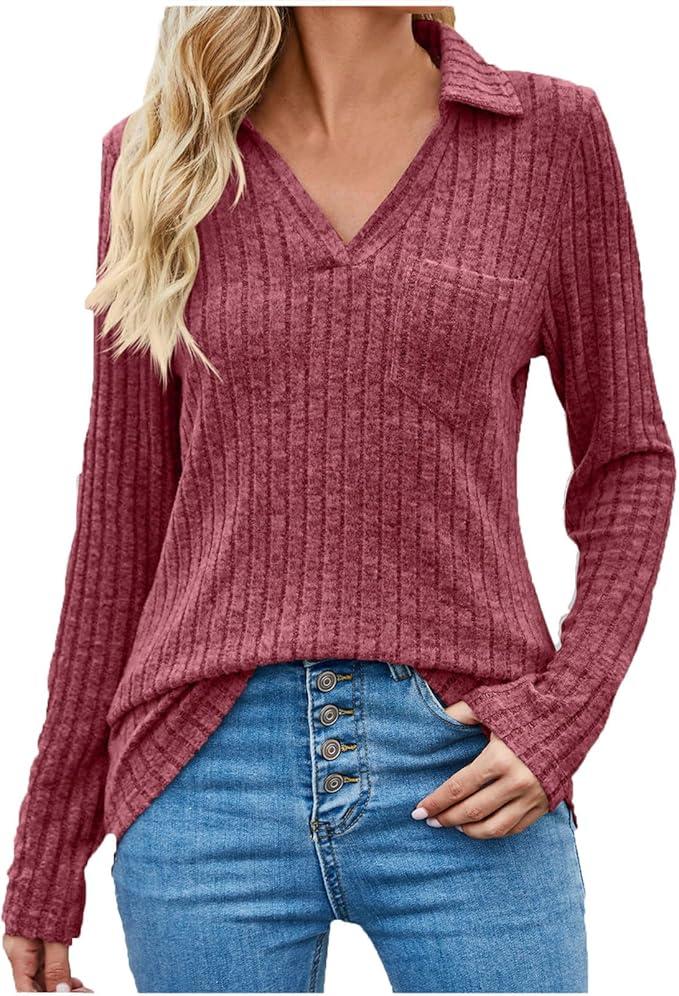 Corset Tops for Women Solid Color V Neck Knit Shirts Long Sleeve Pullover with Pockets Casual Slim Blouse, 3XL
