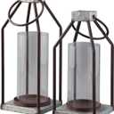 Signature Design by Ashley Diedrick Rustic Lantern, Set of 2, Indoor/Outdoor, Galvanized Metal, Antiqued Finish, Glass Shade, Holds 3 in. Pillar Candles (Not Included), 19" &17", Gray and Black
