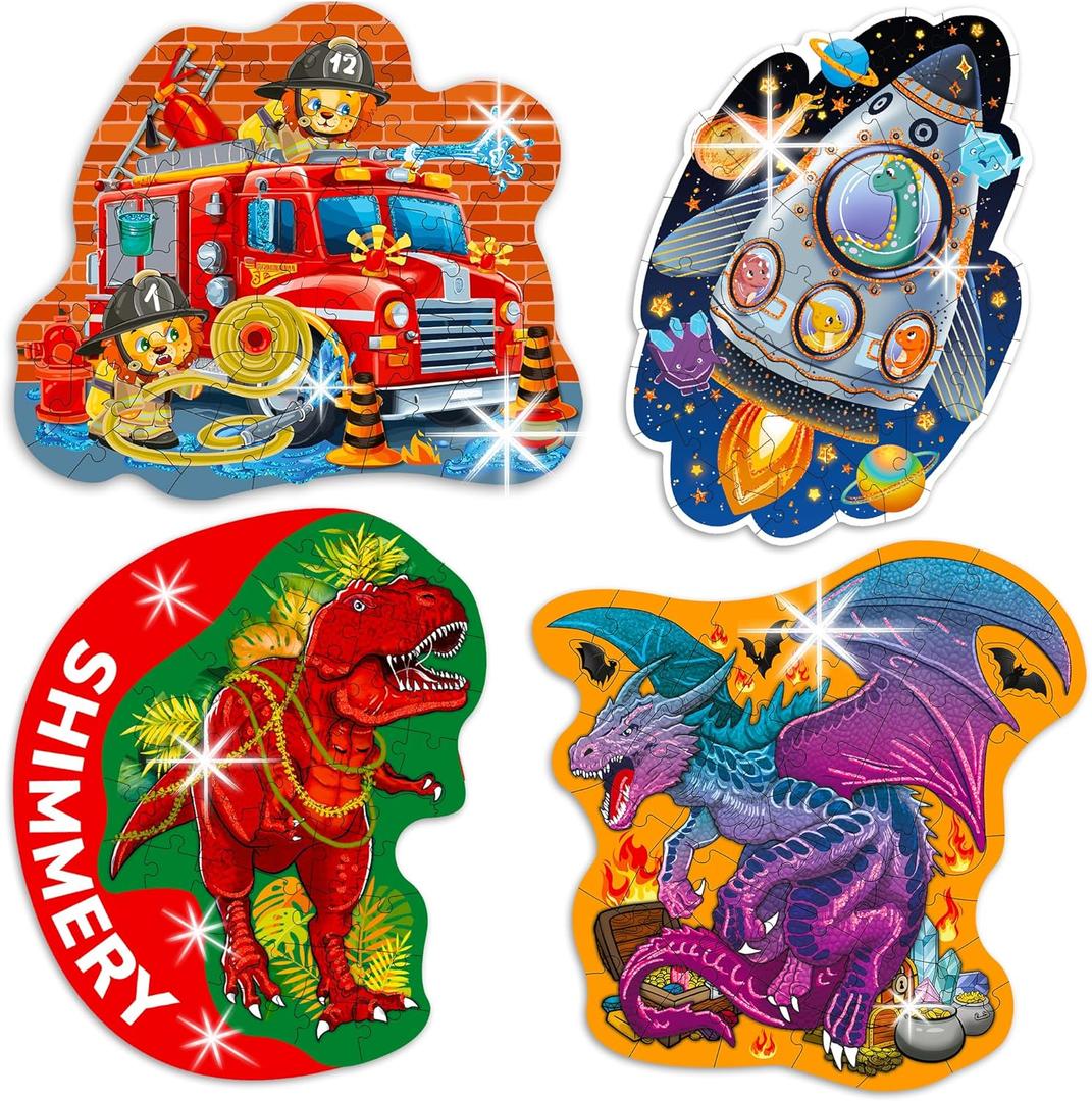 QUOKKA Shimmer Puzzles for Kids Ages 4-6  48 Piece Shaped Jigsaw Puzzles for Toddlers 3-5  4-Pack Dragon, Rocket, Firetruck & Dinosaur Children's Game Ages 4-8  Unique Gift Toy for Preschoolers