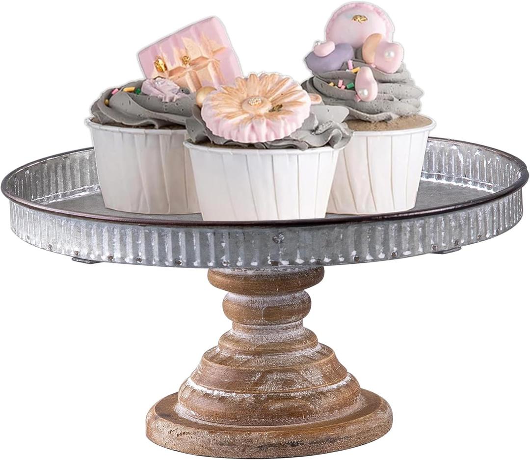 SOFE Rustic Galvanized Metal Cake Stand, Cupcake Stand Rustic Round Dessert, Appetizer Display Riser Stand with Wood Base Table Centerpiece for Wedding, Birthday, Party, Dining Room Kitchen Supplies (Silver)