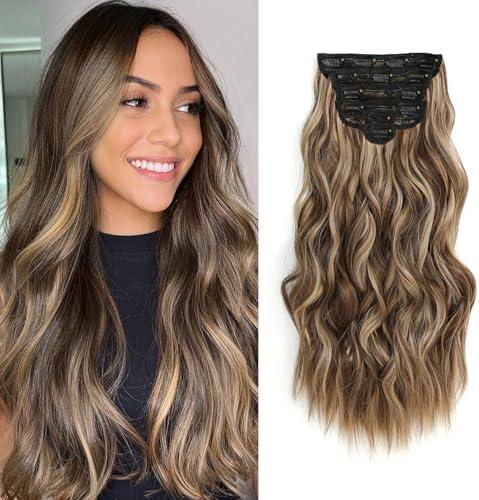Fliace Highlight balayage dark brown Hairpieces, Natural & Blends Well Synthetic Clip in Hair Extensions (16inch, 6pcs, Chocolate Brown & Honey Blonde)
