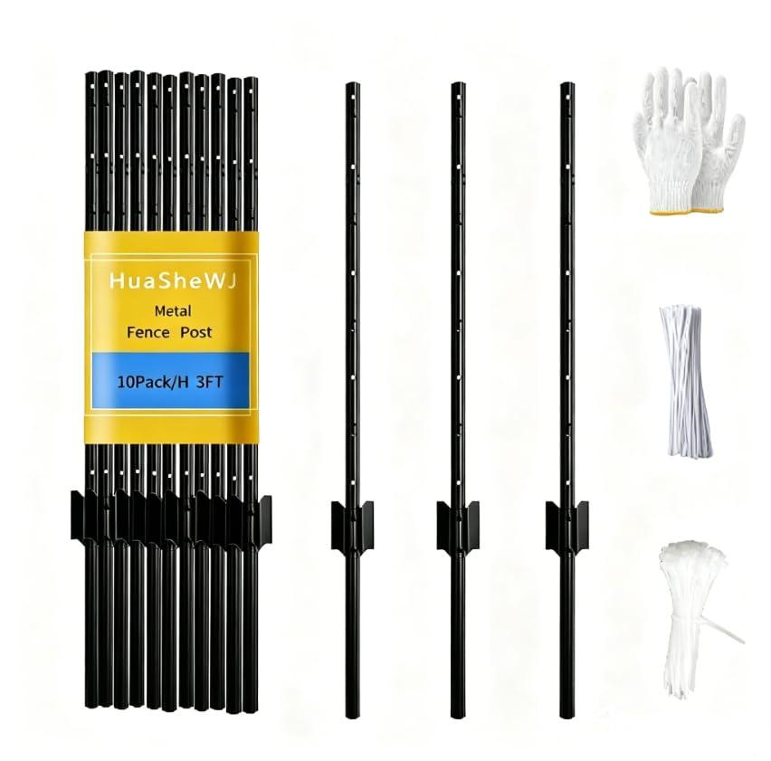 Metal Fence Post 3 Feet Black Pack of 10 U Post for Wire Fence