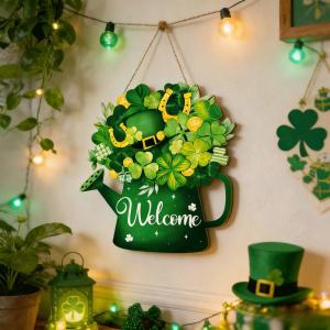 Wooden St. Patricks Day Door Sign - Shamrock Welcome Wreath Hanging Decor for Front Door, Wall, Indoor & Outdoor Irish Party Home Decorations (Shamrock Basket)