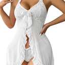 ssyyx Women Lingerie Sexy Open Front Lace Babydoll Dress with Thong Halter Mesh Nightgown White Size M