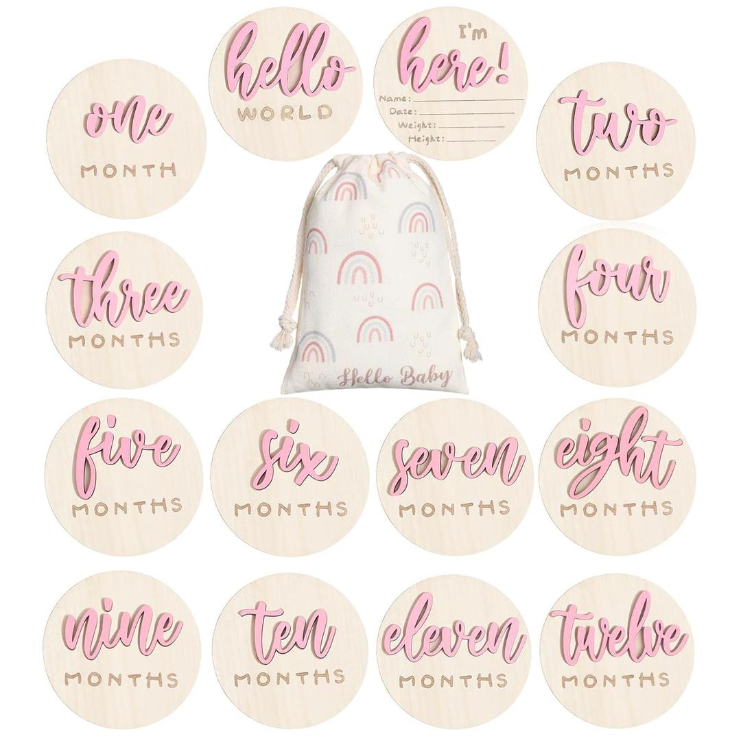 7 Pack 3D Baby Monthly Milestone Card Signs Baby Announcement Sign Double Sided Hello World Newborn Signs Wooden Circles Discs for Welcome Newborn Shower Boy Girl Photo Props(Pink)