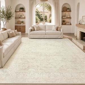 8x10 Area Rugs for Living Room: Washable Boho Vintage Floral Rug Large Soft Non-Slip Rugs Stain Resistant Low Pile Indoor Carpet for Bedroom Dining Room Nursery Home Office Beige