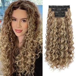 REECHO Curly Hair Extensions, 4PCS 24 inch Clip in Hair Extensions Lace Weft Short Curly Extensions Clip Ins Invisible Natural Hairpieces for Women, Light Brown with Blonde Highlights