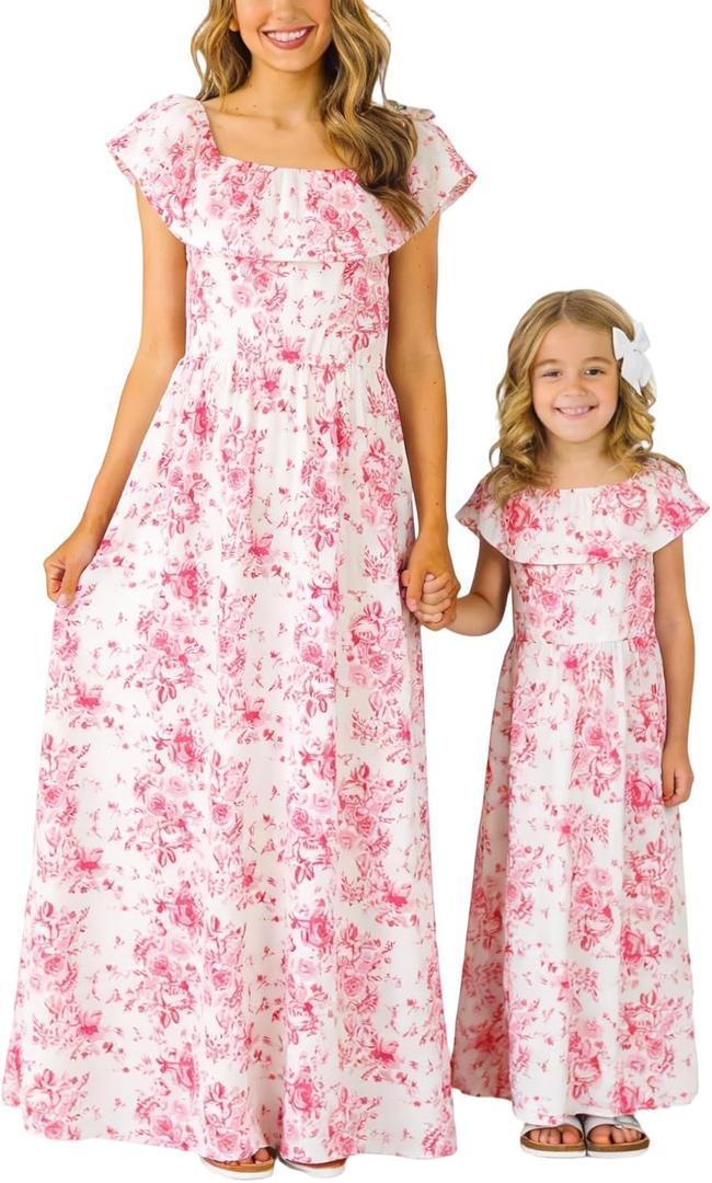 Mommy and Me Summer Off Shoulder Beach Maxi Dresses with Pocket for Mother’s Day, Easter, Family Photos Large, Flower-pink