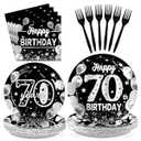 Grencian 96 Pcs 70th Birthday Supplies Silver Black 70th Birthday Party Plates Disposable Sweet 70 Seventy Years Old Decorations Paper Tableware for Men Party Supplies Serves 24