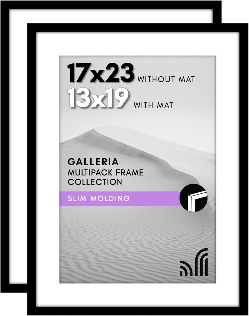 Americanflat 17x23 Picture Frame with Polished Plexiglass - Set of 2 - Use as 13x19 Frame with Mat or Display 17x23 Photo Without Mat - Galleria Collection - Picture Frames for Wall Display - Black