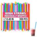 300 Pcs Boba Straws Individually Wrapped - 9.25"x0.4" Thick Jumbo Straws for Smoothies with Angled Tips, Assorted Colors & Cut-To-Size Use - Disposable Boba Straw for Slushies, Milkshakes & Bubble Tea (Multicolor)