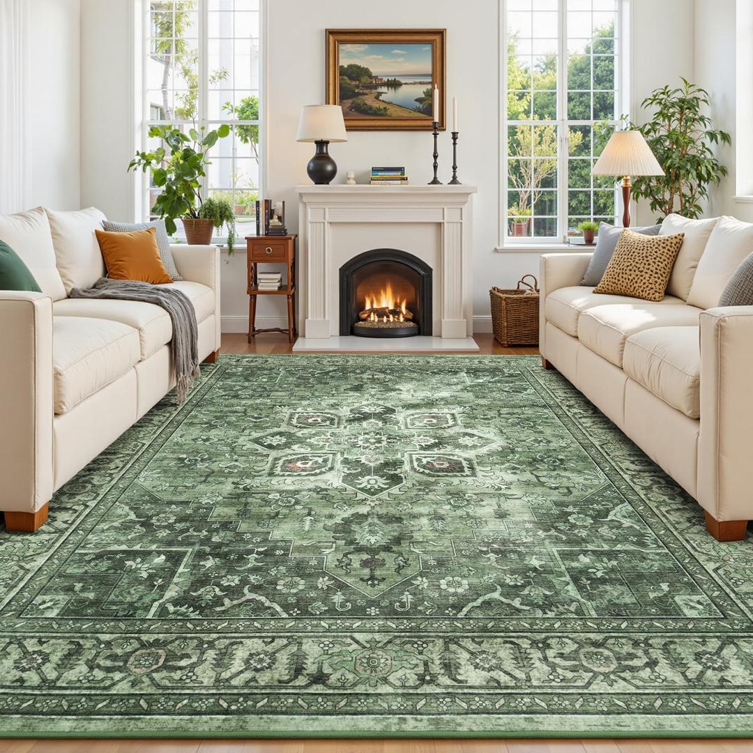Sage Green 9x12 Vintage Boho Rug for Living Room - Washable Dining Room Rugs Under Table, Soft Low Pile Floral Moss Green Carpet for Bedroom, Non-Slip Bohemian Large Rug for High Traffic Area