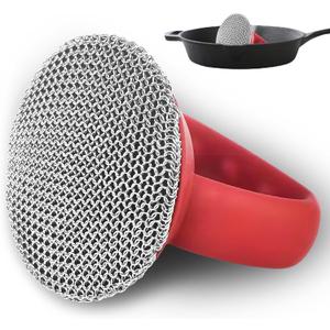 Cast Iron Cleaning Brush with Heavy Duty Handle  2.6mm Fine Chain Scrubber, 316L Stainless Steel for Cleaning Cast Iron Pots, Pans Cookware