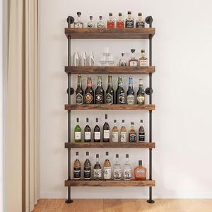 5-Tier Wall Mounted Wine Rack, Industrial Pipe Bar Shelf for Wine Bottle Storage, Industrial Pipe Shelves Shelf Shelving for Home Bar Dining Room Kitchen (Black, 24" W x 79" H x 8.6" D)