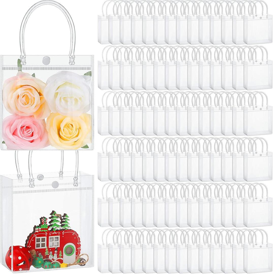 Abbylike 200 Pcs Clear Plastic Gift Bags with Handles 5.9x6.3x2.8 Inch, Bulk Transparent PVC Small Shopping Tote Bags Reusable with Button for Mother's Day Wedding Party Favors Boutique Merchandise