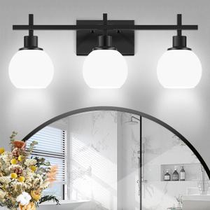 Dpyrrhic Modern Vanity Lighting Fixtures,3Light Black Bathroom Lighting Fixtures Over Mirror, Bathroom Wall Mounted Vanity Light with Milky White Glass Lampshade for Living Room, Bedroom, Hallway