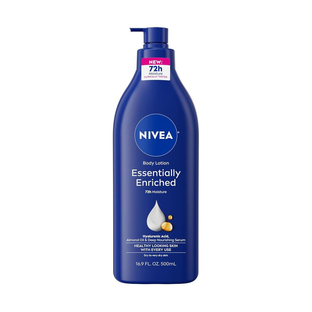 NIVEA Essentially Enriched Body Lotion for Very Dry Skin with Hyaluronic Acid, Almond Oil and Deep Nourishing Serum, 72-Hour Body Moisturizer, 16.9 Fl Oz Pump Bottle