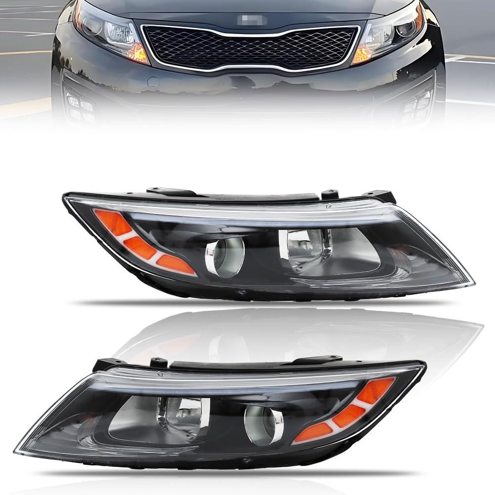 Halogen Headlights Assembly for 2014 2015 Ki-a Optima, Driver & Passenger side Headlamps with Bulbs Clear Lens Black Housing Amber Reflector, 1 Pair