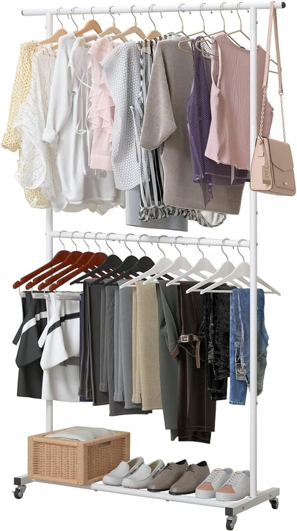Sywhitta Double Rod Clothing Garment Rack, Rolling Clothes Organizer on Wheels for Hanging Clothes, Easy to Assemble, Adjustable, White (No mesh)