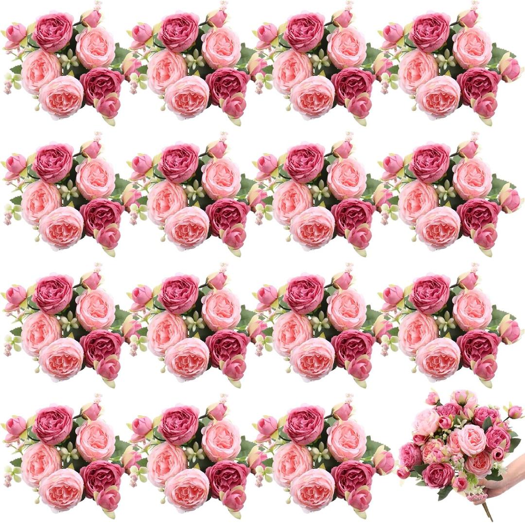 16 Bundles Artificial Peonies Silk Peonies Faux Flower Bouquet Fake Peony Flower Arrangements Table Centerpieces for Vase Wedding Party Boho Home Office Decoration Bulk (Rose Red, Pink)