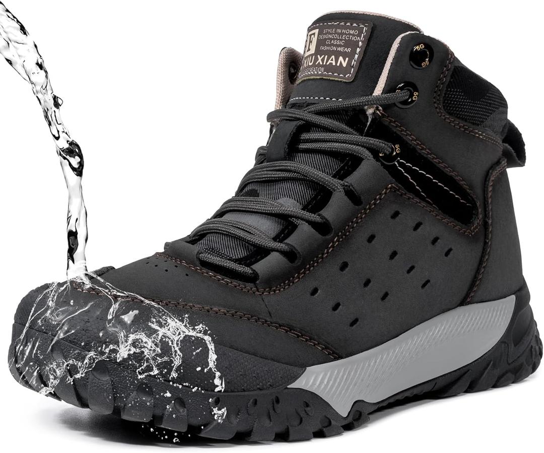 Men's Hiking Boots Waterproof Non-Slip Leather Mid Top Ankle Boot Lightweight Hiker Breathable Trekking Boot (10.5, Grey)