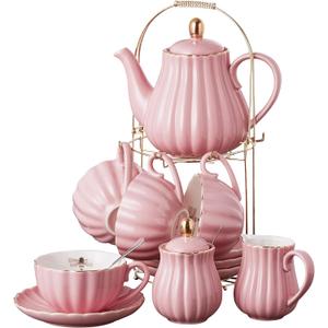 Jusalpha Fine China Pink Coffee Cup/Teacup Set, 8 OZ Cups& Saucer Service for 4, with Teapot-Sugar Bowl-Cream Pitcher Teaspoons and tea strainer for Tea/Coffee, 17-Pieces (TW Full set) (Serve of 4)