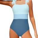 Girls Swimsuit One Piece Casual Color-Block Adjustable Straps Girls Bathing Suit Swimwear Blue 1, 13-14Years