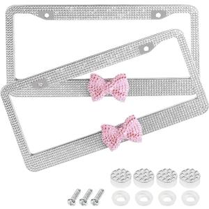 SCUARI Car Rhinestone License Plate Frame,Bling License Plate Frame,Cute Girly Car Accessories,Shiny Rhinestones Premium Licenses Plates Holder with Mounting Bolts,Fits Cars,SUVs (Dark Blue&White) (2pcs)
