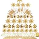 Realspring 72 Pieces Christmas Tree Ornament Set Xmas Assorted Decorations Bulk Glitter Poinsettia Berry Picks Topper Star Sequin Tree Skirts for Home Wreaths Holiday Party Favors (Champagne Gold)